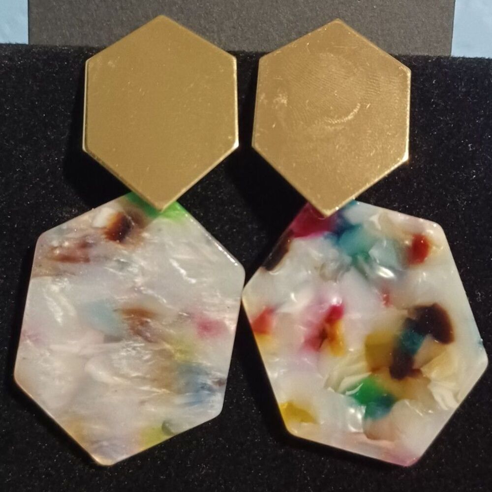 Gold-Toned and Patterned Hexagon Drop Earrings